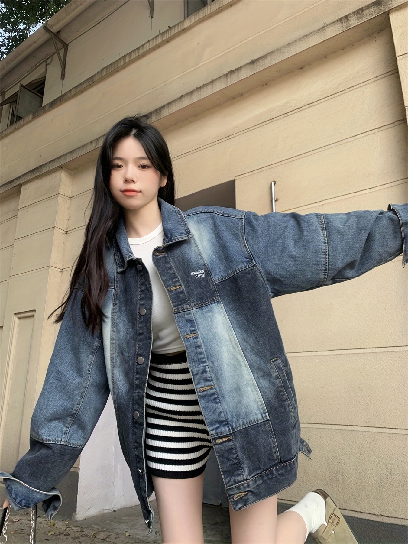 Women's Patchwork Lapel Denim Jacket Loose Fit Retro Style Coat