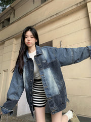 Women's Patchwork Lapel Denim Jacket Loose Fit Retro Style Coat
