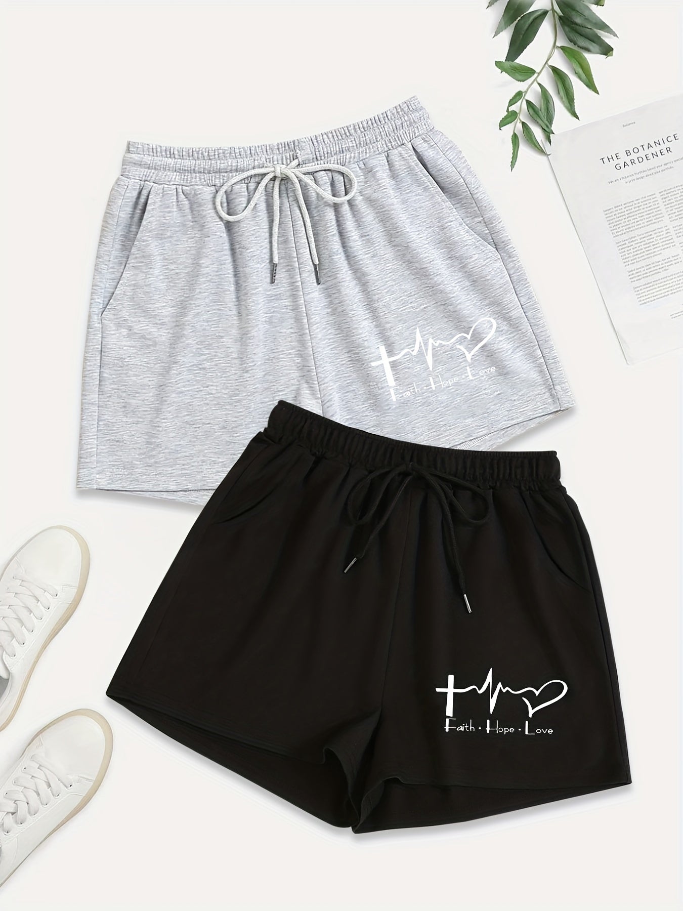 2 Pack Plus Size Casual Heart & Letter Print Drawstring Shorts With Pockets