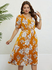 Floral Print V Neck Puff Sleeve Nipped Waist Plus Size Summer Dress