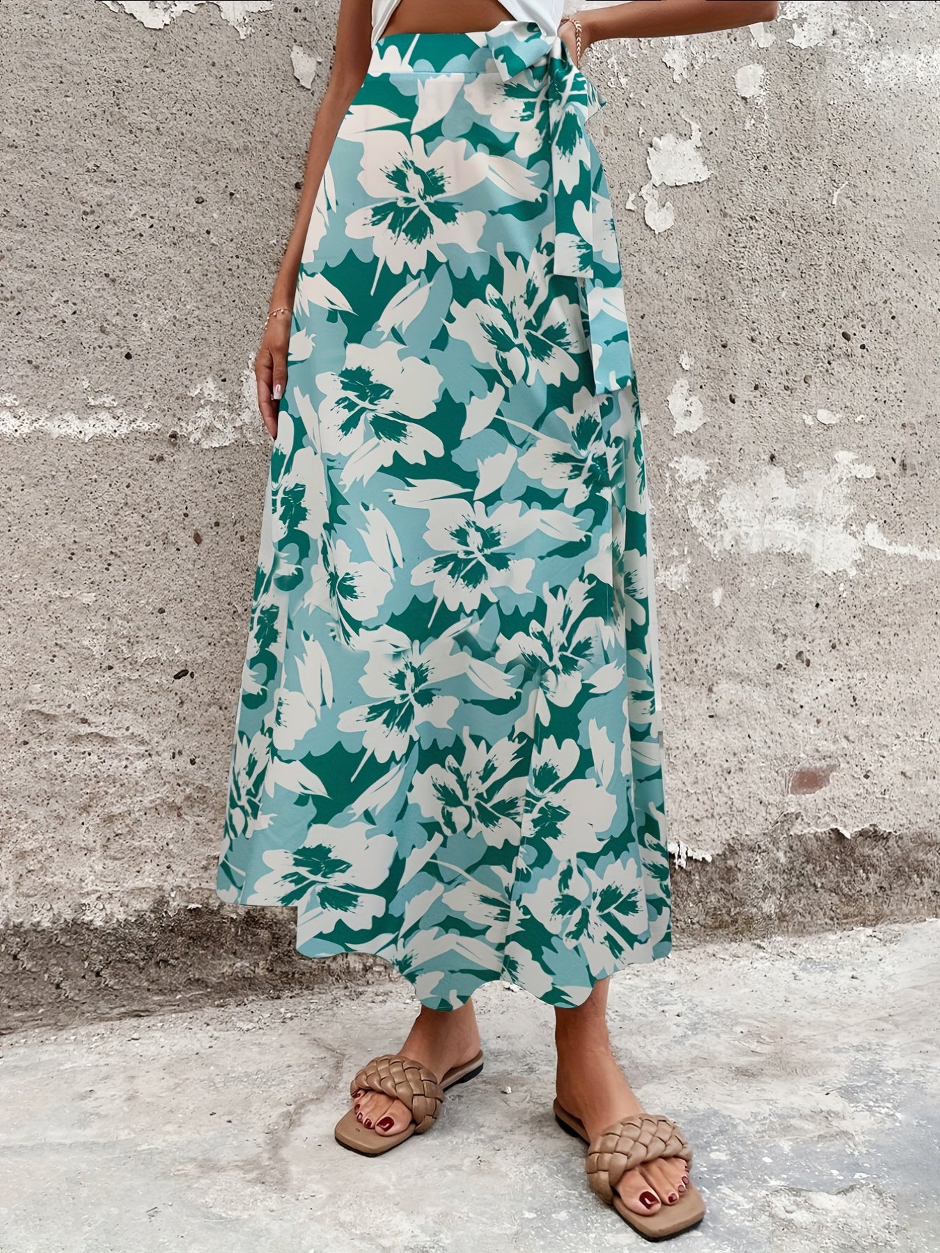 Floral Print Bow Split Skirt Boho Maxi Skirt