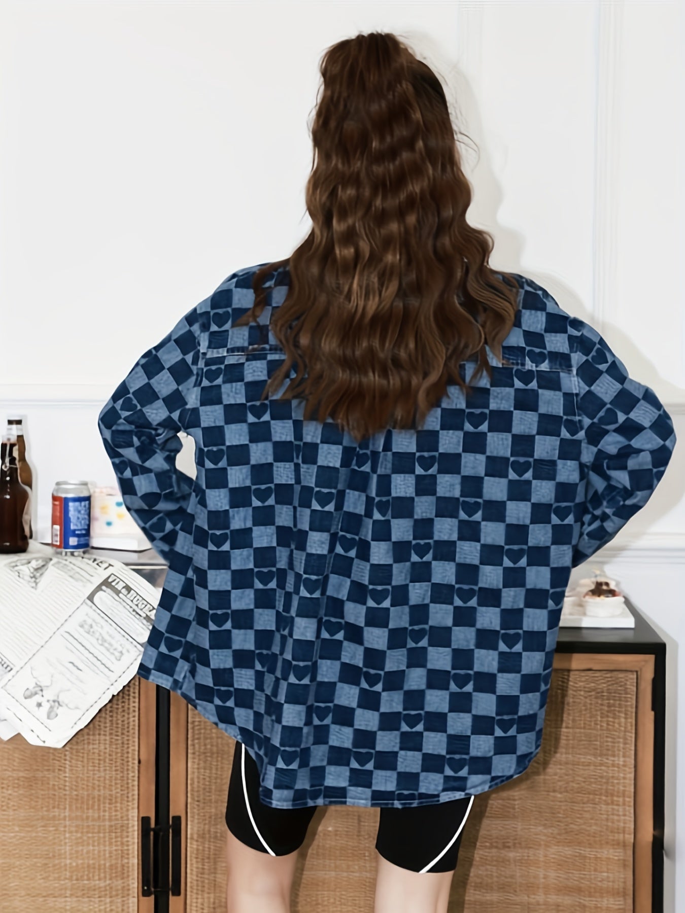 Checkerboard Print Denim Jackets Loose Fit Heart Pattern Denim Coats Women's