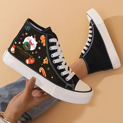 Christmas Print Flat Heighten Chunky Canvas Sneakers