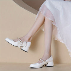 Women's Chain & Pearl Decor Strap Pumps Chunky Heel Shoes