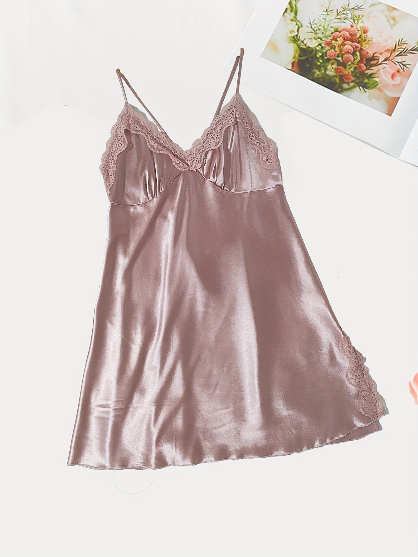 Plus Satin Lace Trim Cami Dress & Robe Set