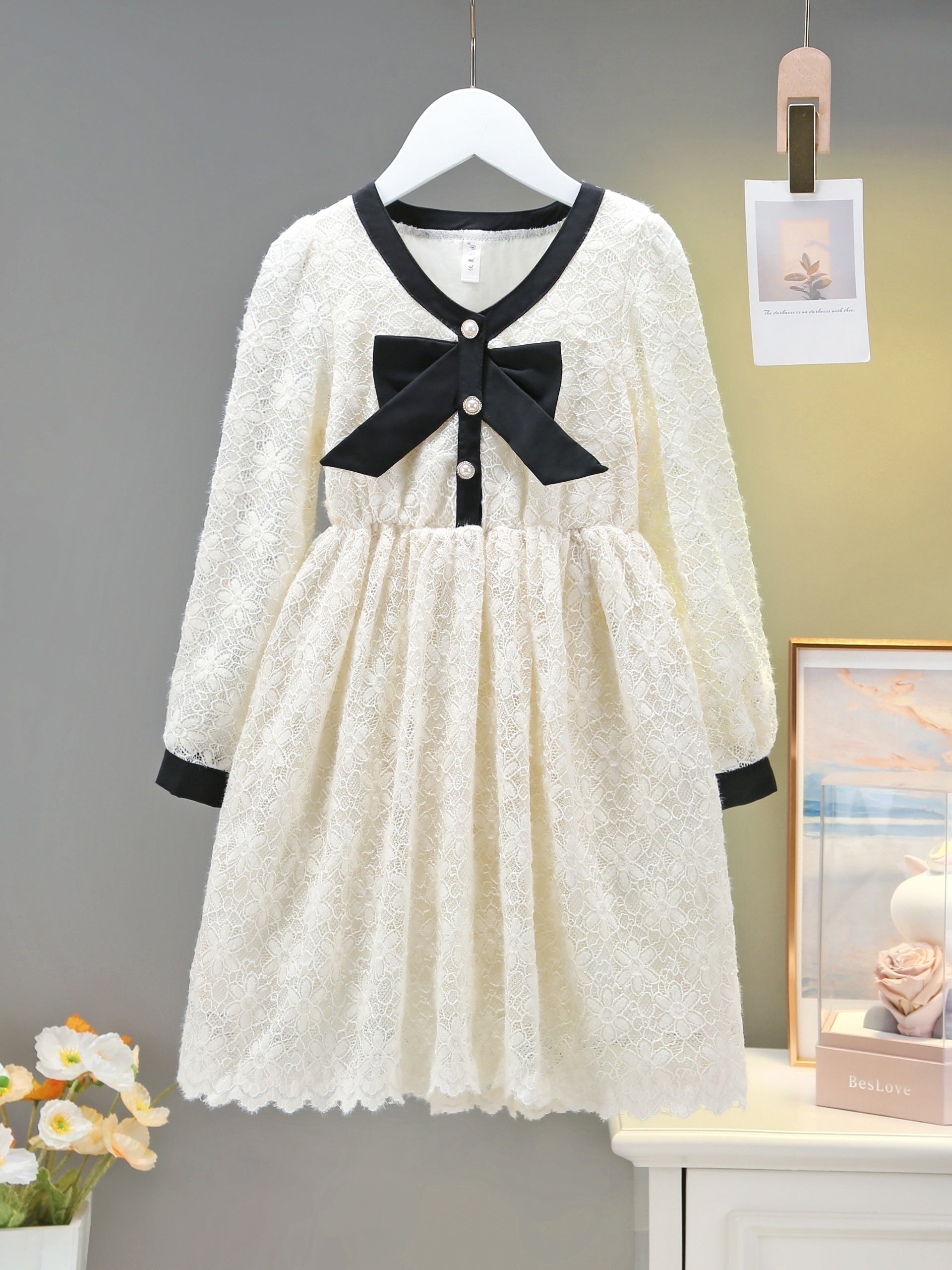 Floral Lace Dress with Bow Front Long Sleeve for Girls
