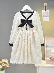 Floral Lace Dress with Bow Front Long Sleeve for Girls