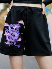 Chinese Dragon Print Drawstring Shorts for Women