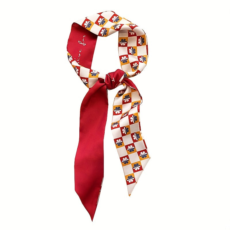 Red Floral Print Skinny Scarf Silk Block Ribbon Necktie Neckerchief