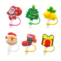 6pcs Cartoon Christmas Straw Cap Dustproof Silicone Cover Drink Cup Accessories