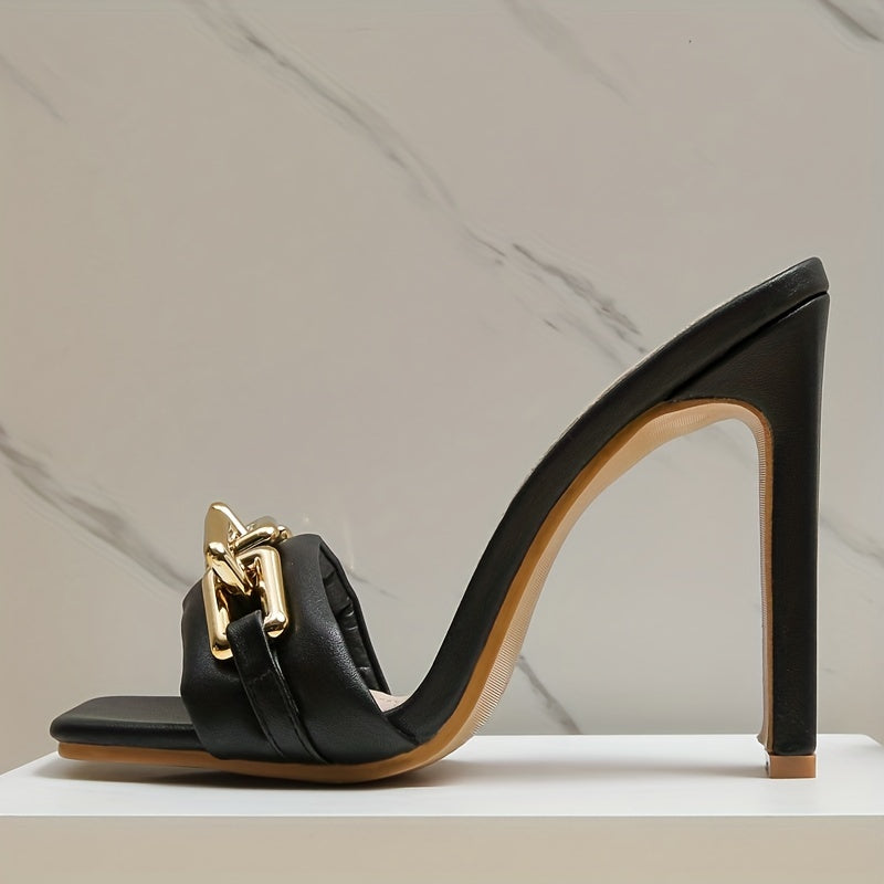 Metallic Buckle Heels Square Toe Slip On Block Heels Slingback Mule Sandals