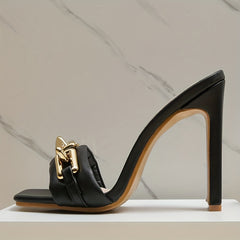 Metallic Buckle Heels Square Toe Slip On Block Heels Slingback Mule Sandals