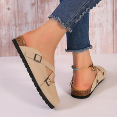 Women's Cross Buckle Strap Mules Casual Slip On Flat Shoes