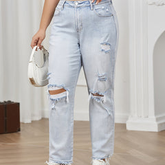 Casual Jeans Women's Plus Ripped Trim Button Fly Jeans