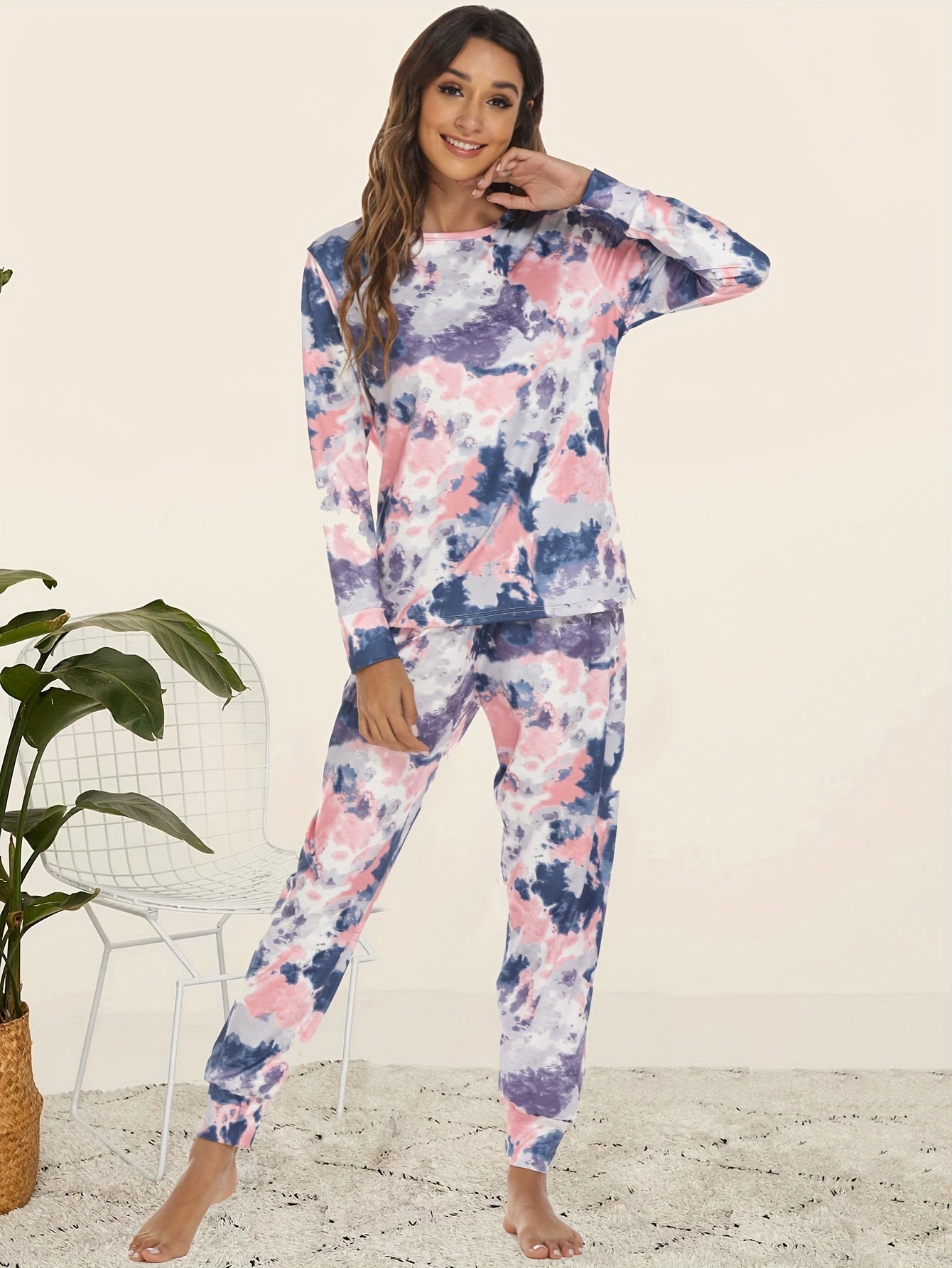 Tie Dye Print Lounge Set Long Sleeve Crew Neck Top & Elastic Waistband Pants