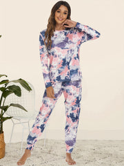 Tie Dye Print Lounge Set Long Sleeve Crew Neck Top & Elastic Waistband Pants