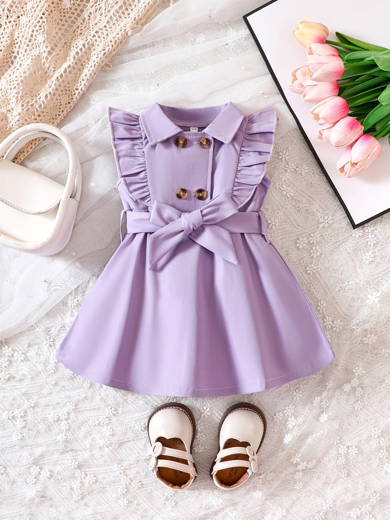 Baby Girls Casual Button Front Ruffle Trim Dress