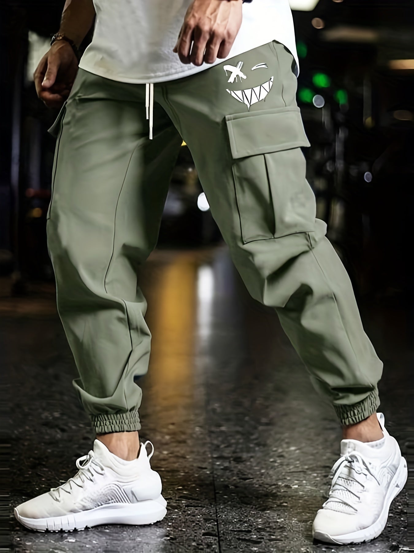 Smile Print Cargo Pants Men's Flap Pocket Trousers Loose Casual Outdoor Pants