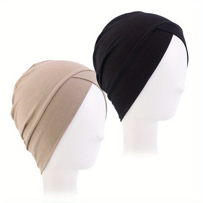 2pcs Soft Cotton Hijab Cap Turban Elastic Head Wrap Chemo Hats For Women