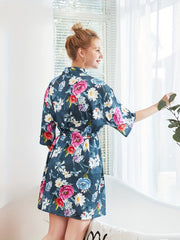 Floral Print Night Robe V Neck Half Sleeve House Robe Women's Sleepwear