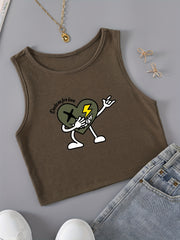 Love Print Crop Tank Top Crew Neck Sleeveless Casual Top