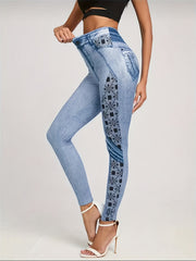 Faux Denim Print Hip Lifting Yoga Pants High Stretch Leggings