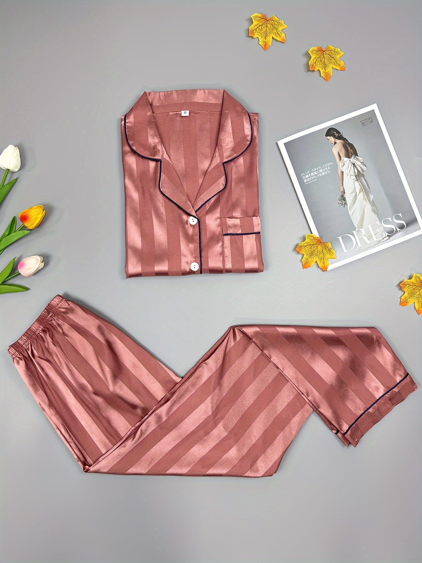 Striped Satin Pajama Set Long Sleeve Buttons Top & Elastic Waistband Pants