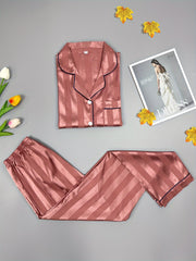 Striped Satin Pajama Set Long Sleeve Buttons Top & Elastic Waistband Pants