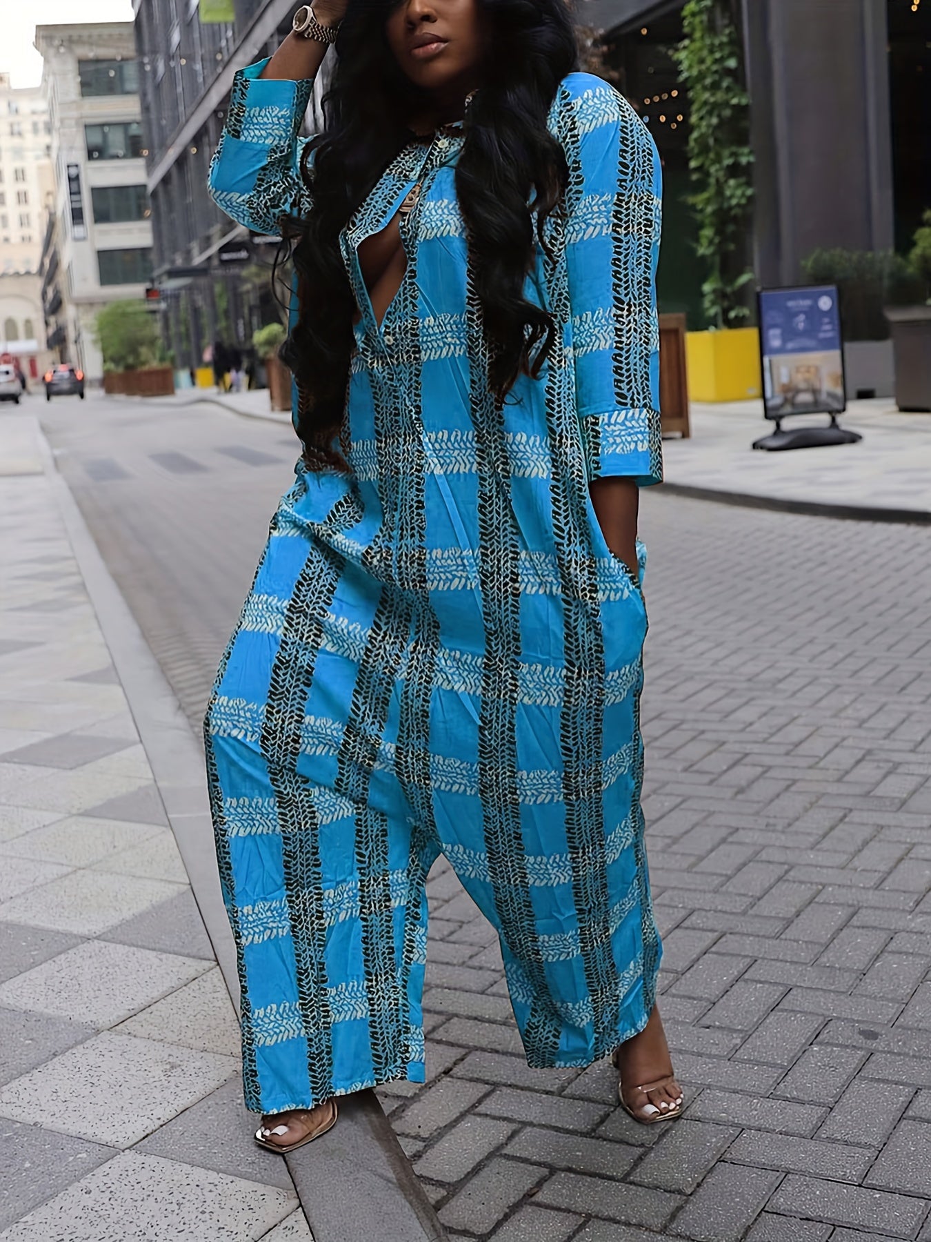 Grid Print Polo Neck Baggy Romper
