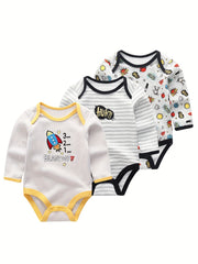 3Pcs Cartoon Long-sleeved Baby Bodysuits Cotton 0-12M Jumpsuits
