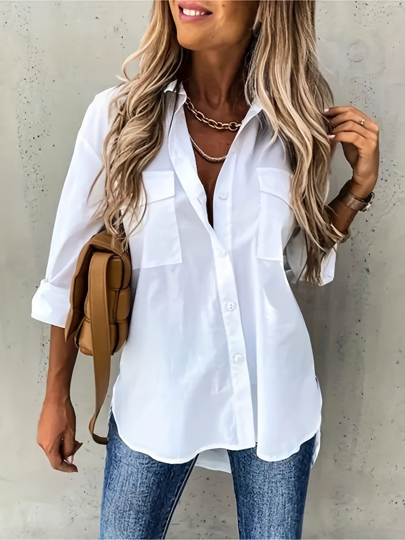 Solid Long Sleeve Lapel Button Up Shirt Top
