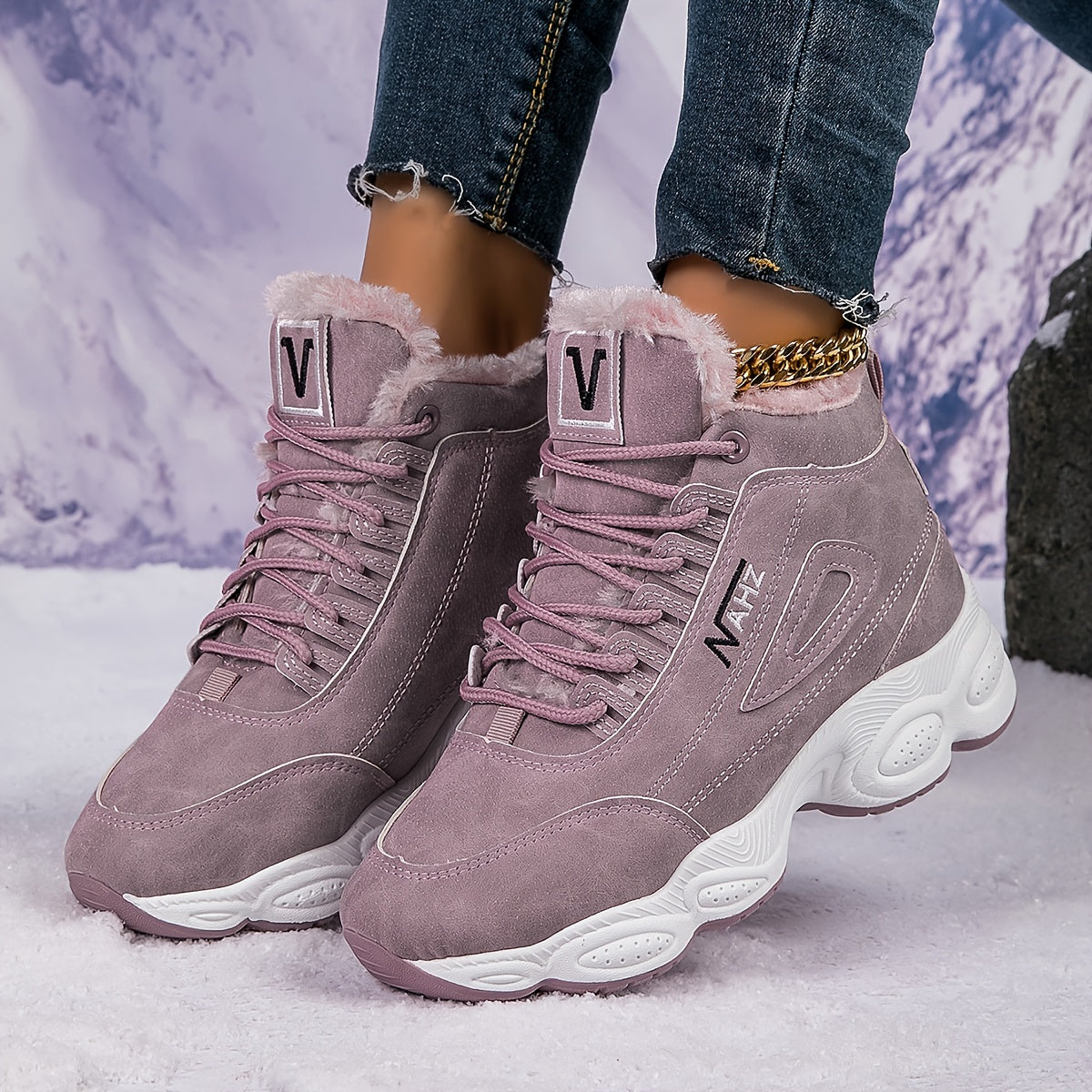 Thick Bottom High Top Snow Boots Round Toe Lace Up Cotton Shoes