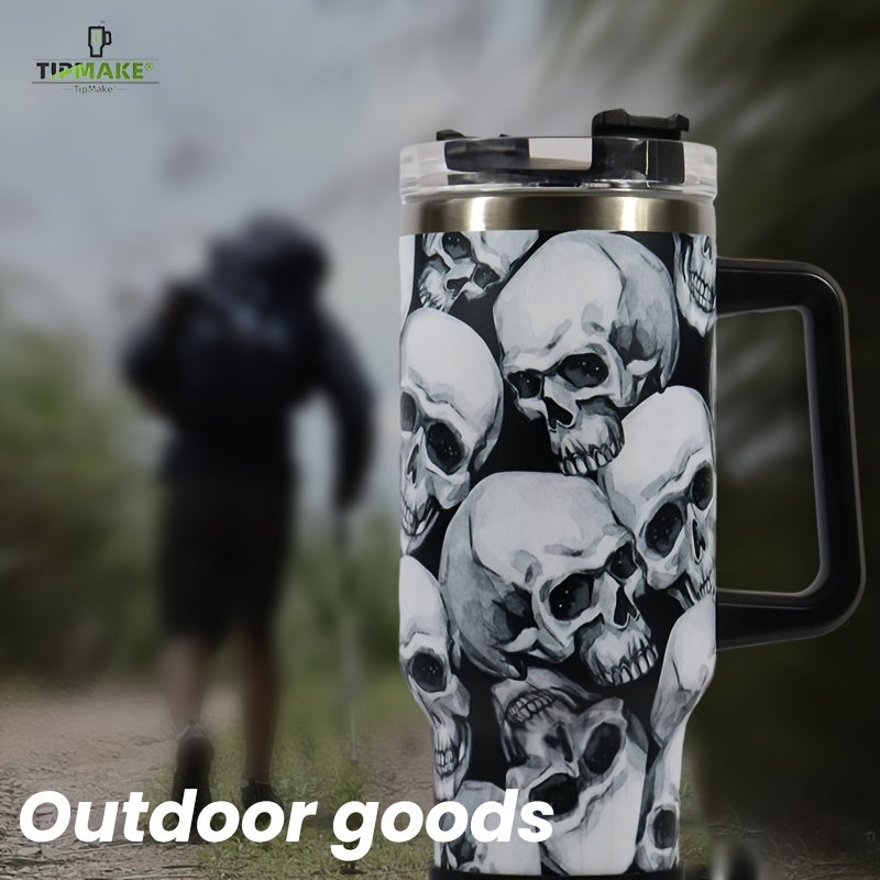40oz Skull Print Water Bottle Insulated Leak Proof Sports Cup with Handle