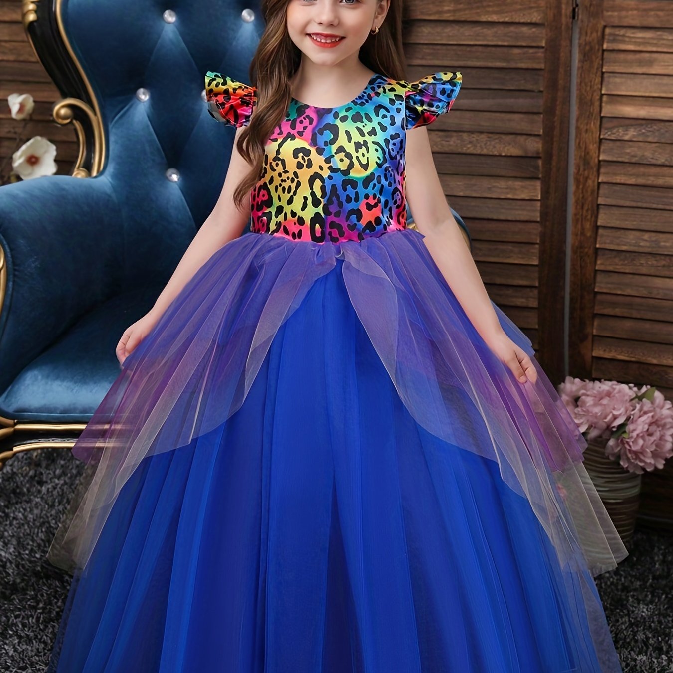 2pcs Ruffled Mesh Dress & Headband Leopard Pattern A Line Dress Halloween