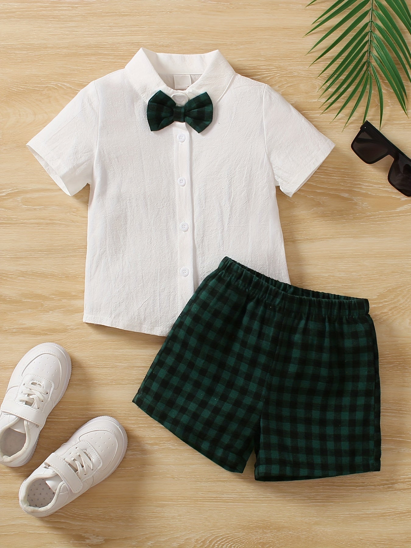 Toddler Boy's Gentlemen Bowtie Shirt & Plaid Shorts Set