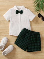 Toddler Boy's Gentlemen Bowtie Shirt & Plaid Shorts Set
