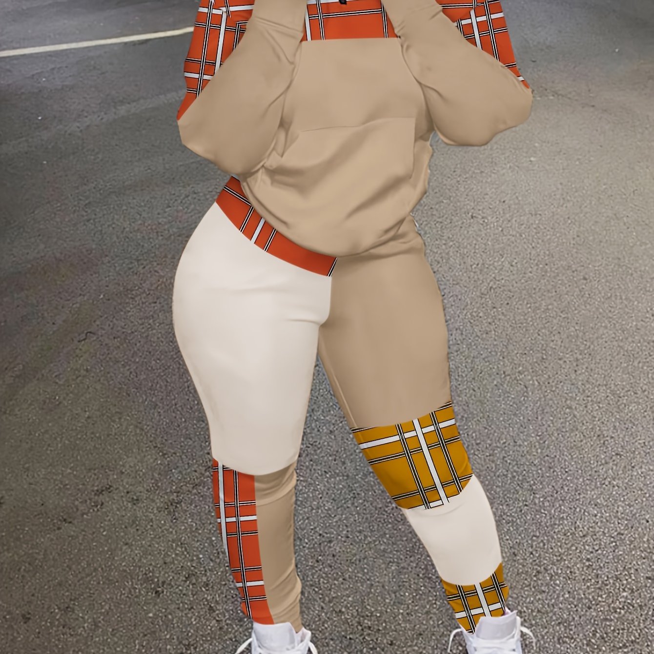 Colorblock Plaid Print Top & Pants Set