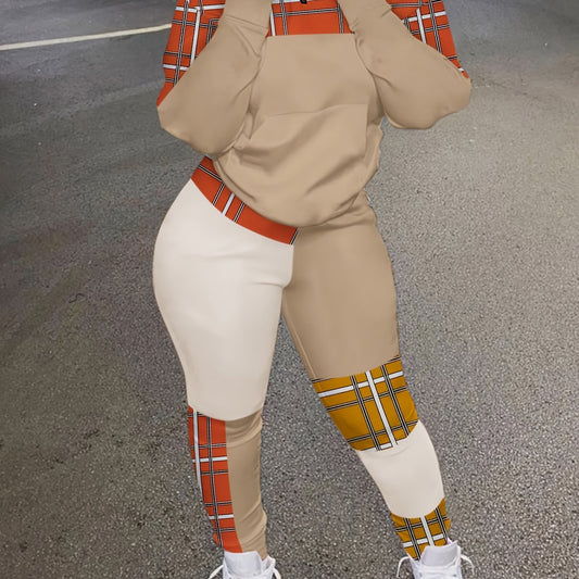 Colorblock Plaid Print Top & Pants Set