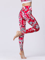 Red Print High Waist Butt Lifting Skinny Long Pants for Sports Fitness