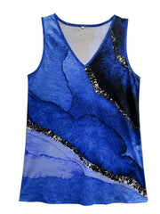 Marble Print Tank Top V Neck Sleeveless Summer Top