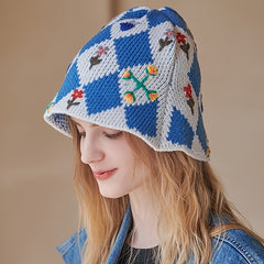 Embroidered Floral Bucket Hat for Women Warm Autumn Winter