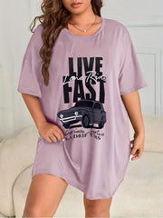 Retro Nightdress Women's Plus Letter & Car Print Short
