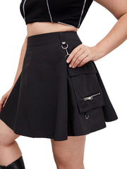 Solid Mini Skirt Flap Pocket High Waisted Skirt