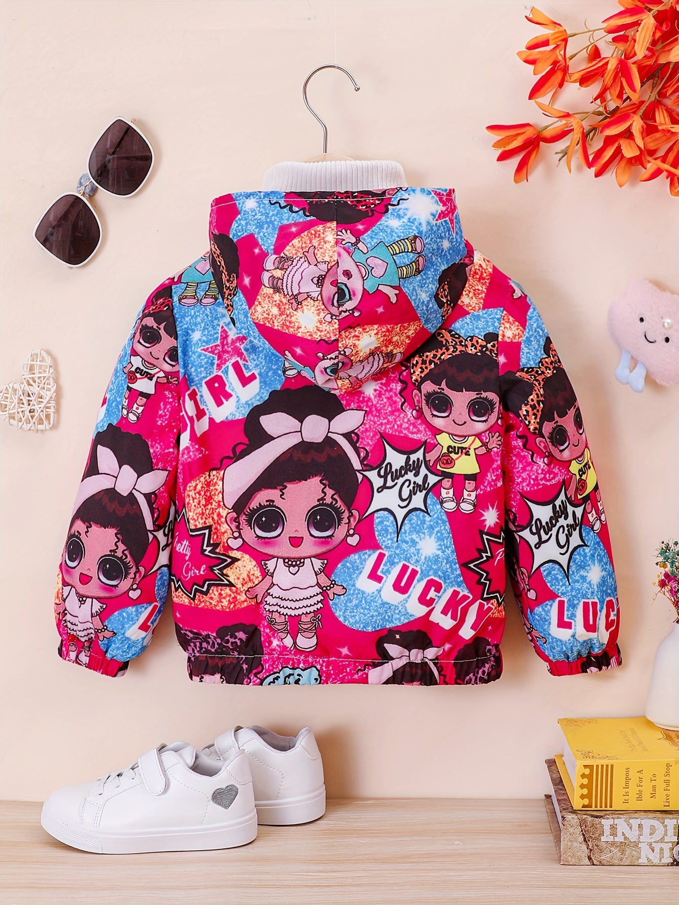 Butterfly Print Hooded Coat Girls Fleece Lined Zipper Closure Winter Warm Jacket