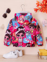 Butterfly Print Hooded Coat Girls Fleece Lined Zipper Closure Winter Warm Jacket