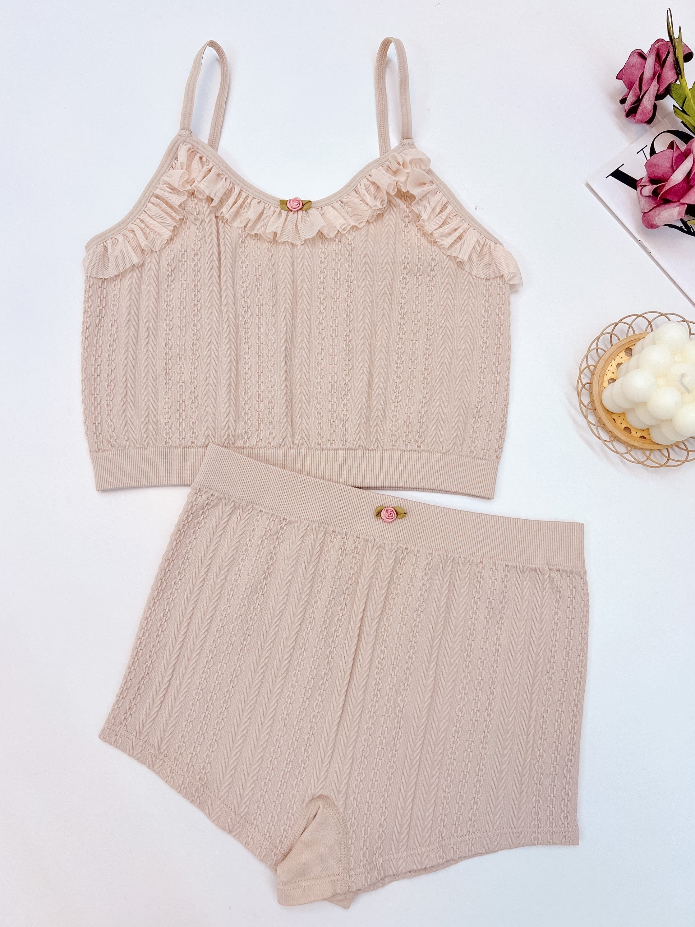 Floral Decor Pajama Set with Ruffle V Neck Cami Top & Shorts
