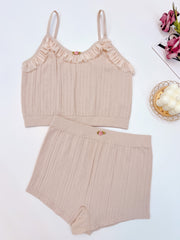 Floral Decor Pajama Set with Ruffle V Neck Cami Top & Shorts