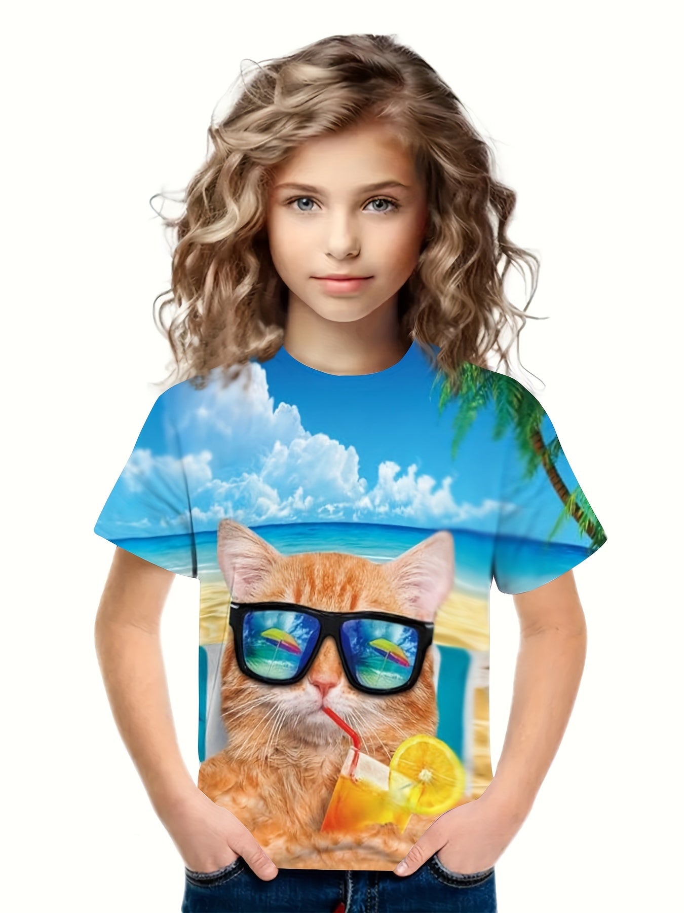 3D Beach Kitty Short Sleeve T shirt for Boys Girls