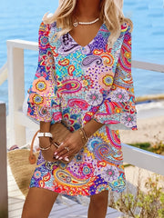 Boho Paisley Print Bell Sleeve V Neck Mini Dress