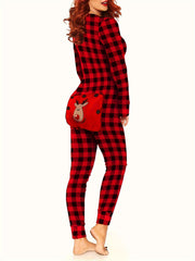 Christmas Elk Print Pajama Jumpsuit Long Sleeve V Neck Buttons Plaid Pajamas